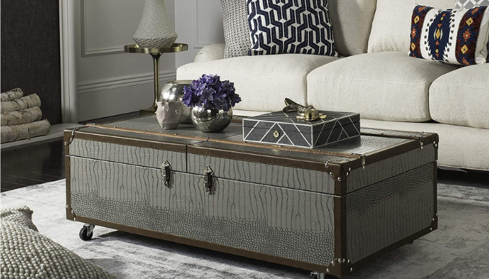 Home Grey Faux Leather Storage Trunk Coffee Table with Wine Rack / COFFEE TABLES WITH STORAGE