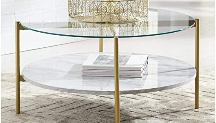 Signature Design Contemporary Round Coffee Table with Glass & Faux Marble, White & Gold / coffee tables with storage
