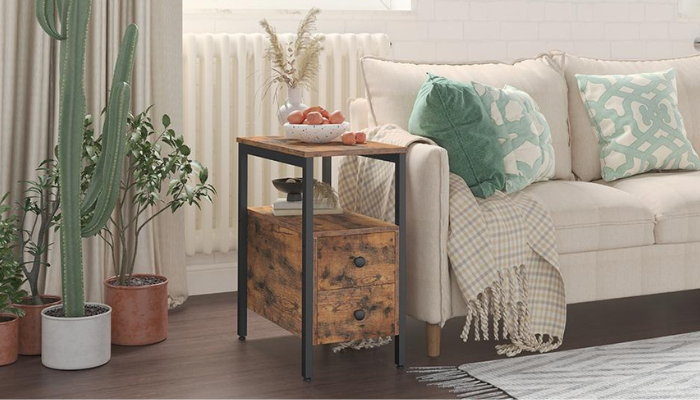 Rustic Brown Wood Side Table With Storage