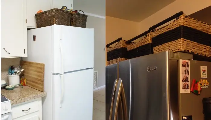 5. decor with beautiful wicker basket  / how to decor Awkward space above the Refrigerator?