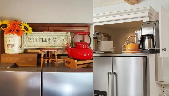 9. decor with tea kettle / how to decor Awkward space above the Refrigerator?