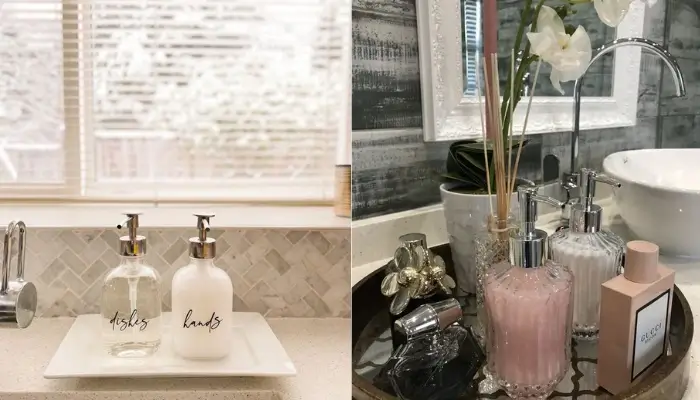 8. decor with Custom Soap Dispenser / how to decorate your bathroom Countertop?