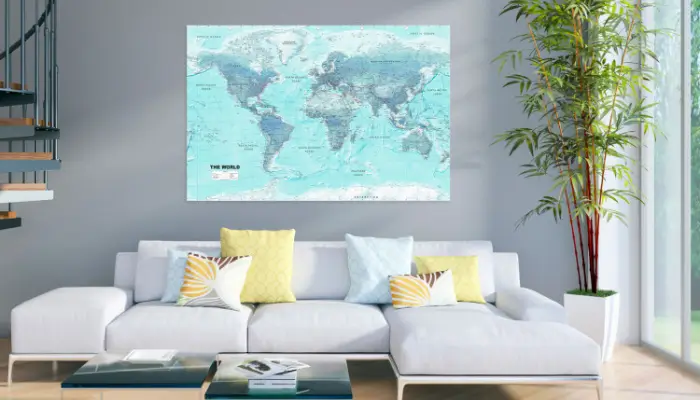 7. decor with world map / How to Decorate a wall above the Sofa?
