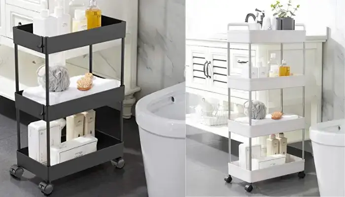 4. Consider using a kitchen cart as a bathroom caddy. / How Do You Organize Bathroom Storage?