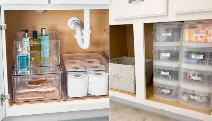 10. Organize over the sink with clear bins. / How Do You Organize Bathroom Storage?