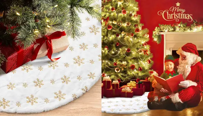 White Plush Gold Sequin Snowflake christmas tree skirt / best christmas tree skirts