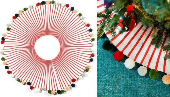 Pom Poms Red Stripe Christmas Tree Skirt / best christmas tree skirts