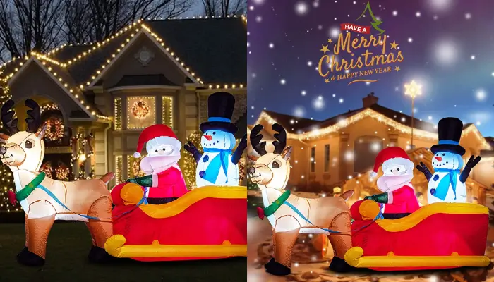 Santa Claus on Sleigh with Reindeer and Snowman Christmas inflatable / how do christmas inflatables work?