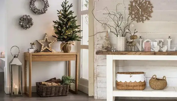 Rustic and Woodland christmas console table Decoration / best ideas for decorate a console table