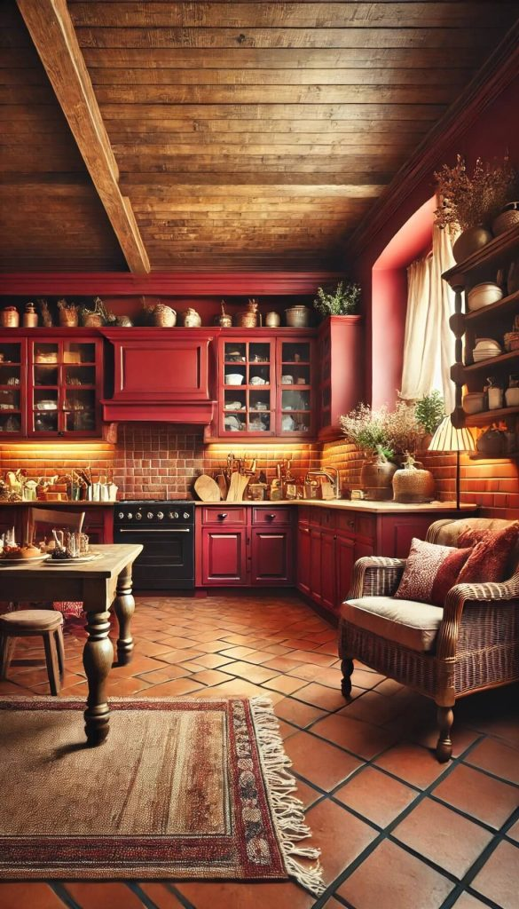 Deep Red/15 Timeless Kitchen Cabinet Colors to Complement Terracotta Floors