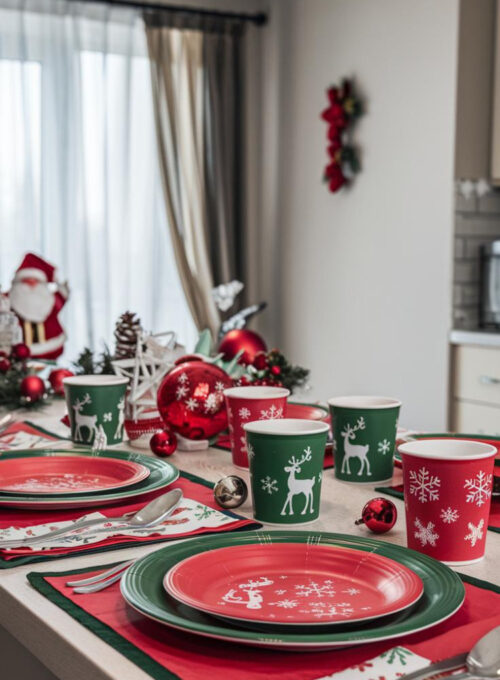 Classic Kitchen Christmas Décor Ideas, A photo of a kitchen island set with red and green Christmas-themed plates, cups featuring reindeer and snowflakes, and festive napkins. There are also Christmas ornaments and a Santa Claus figure on the island. The background contains a window with curtains, a wall with a decorative item, and a ceiling light. Less
