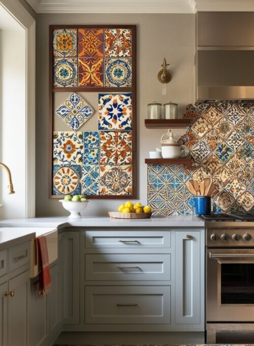 A contemporary kitchen featuring colorful artisan tiles framed as art, creating a striking visual impact.