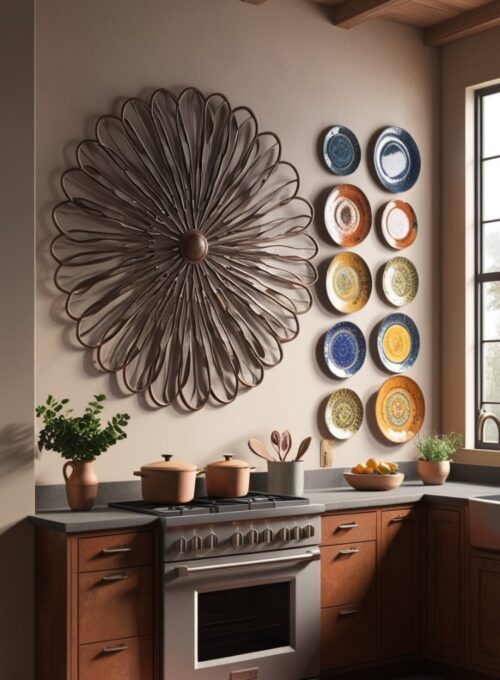 A rustic kitchen featuring handmade ceramic plates arranged on the wall, adding a personal touch and showcasing artisanal craftsmanship.