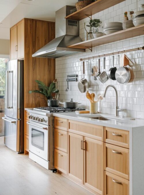 an eco-friendly kitchen with natural bamboo cabinets paired with white countertops and stainless steel appliances for a modern look. The kitchen has a range hood, a sink, and a refrigerator. There are also some pots and pans hanging above the sink. The floor is made of light wood.