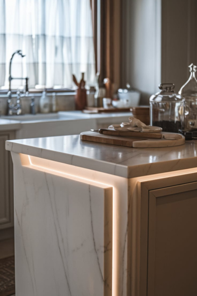 A photo of a kitchen with a white marble countertop that has a beveled edge. The countertop is highlighted by elegant, 45-degree angles. Soft lighting illuminates the kitchen. There are various kitchen tools and ingredients on the countertop. The background contains a sink, a cabinet, and a window with a curtain.