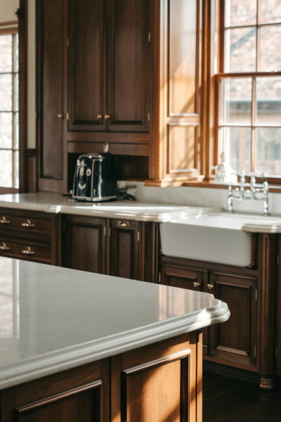 A photo of a classic kitchen with a bullnose-edged quartz countertop. The countertop is paired with dark wood cabinets. There is a white sink with a faucet near the window. A black appliance is placed on the countertop near the sink. The floor is made of dark wood. Natural lighting illuminates the kitchen, casting a warm glow on the surfaces.