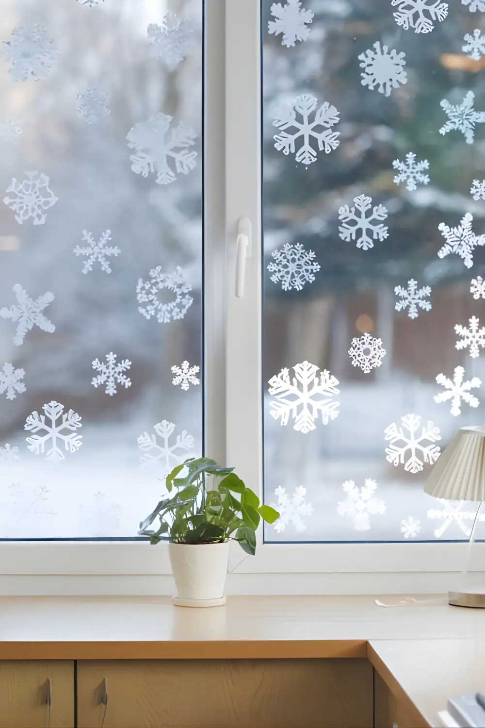 11 best Classic Kitchen Christmas Décor Ideas to Make Your Kitchen Merry and Bright 10 A bright kitchen window covered in snowflake-shaped clings. The window has a snowy outdoor backdrop visible, adding a frosty and festive feel. The kitchen has a wooden cabinet, a white countertop, and a potted plant. There's a lamp on the countertop.
