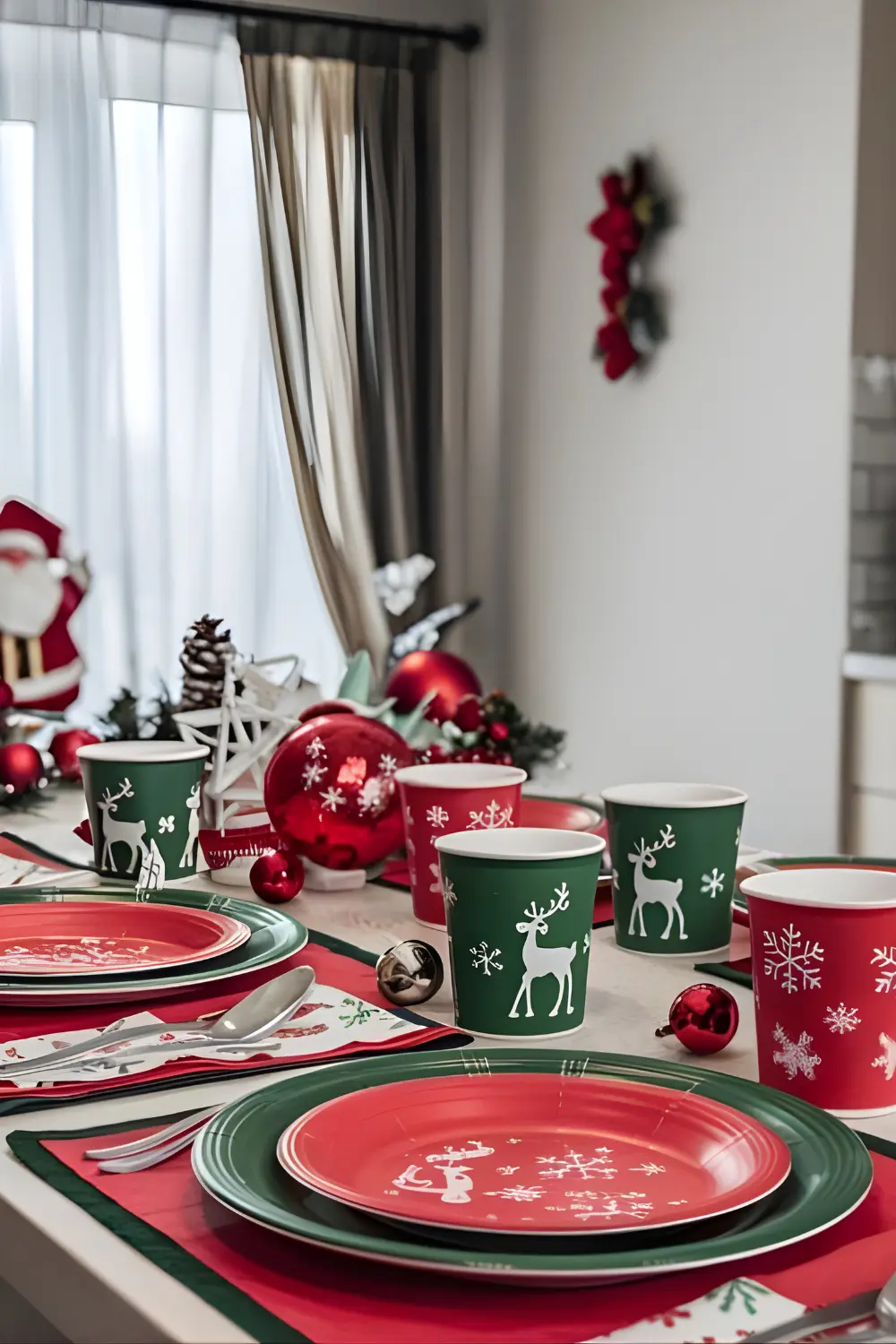 11 best Classic Kitchen Christmas Décor Ideas to Make Your Kitchen Merry and Bright 3 Classic Kitchen Christmas Décor Ideas, A photo of a kitchen island set with red and green Christmas-themed plates, cups featuring reindeer and snowflakes, and festive napkins. There are also Christmas ornaments and a Santa Claus figure on the island. The background contains a window with curtains, a wall with a decorative item, and a ceiling light. Less