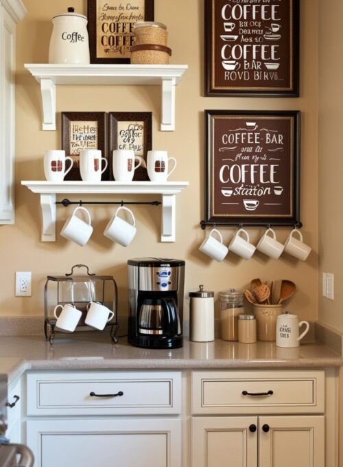 A chic kitchen coffee bar wall with shelves showcasing coffee mugs, a stylish coffee maker, and framed coffee-themed art.