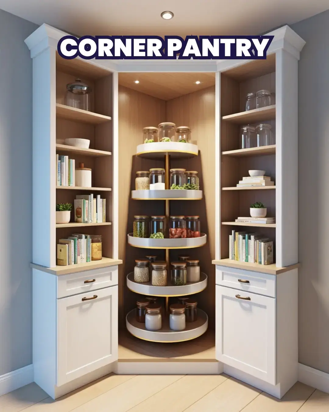 What Are the Dimensions of a Walk-In Pantry? 7 A space-saving pantry that utilizes kitchen corners with rotating shelves or pull-out racks for easy access.