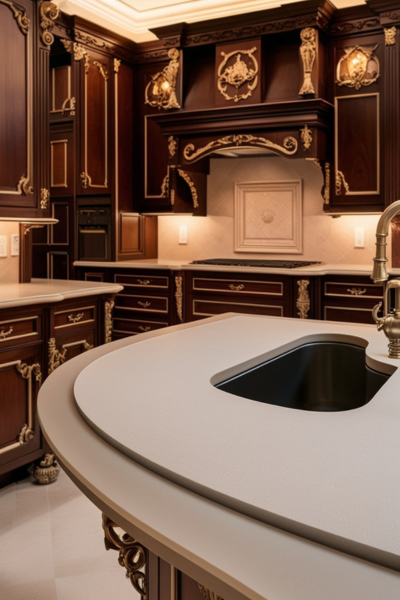 A Dupont-edged quartz countertop in a traditional kitchen, with ornate detailing and rich wood cabinets, showcasing a structured, curved edge.