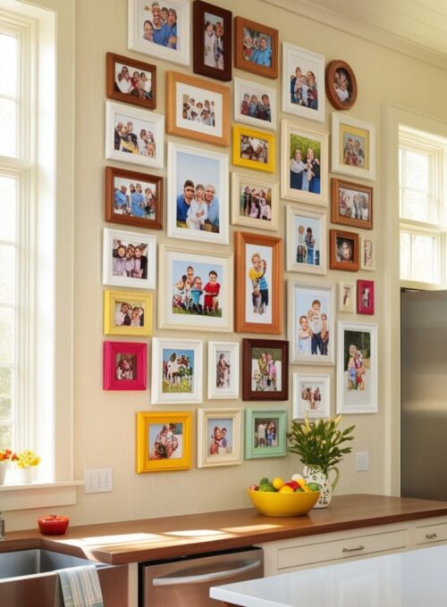 A bright kitchen with a dedicated wall showcasing colorful family moments, creating a joyful and inviting atmosphere.