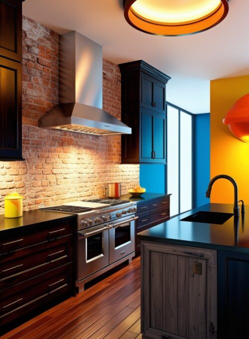 A modern kitchen with a faux brick wall behind the stove, enhancing the industrial vibe of the space.