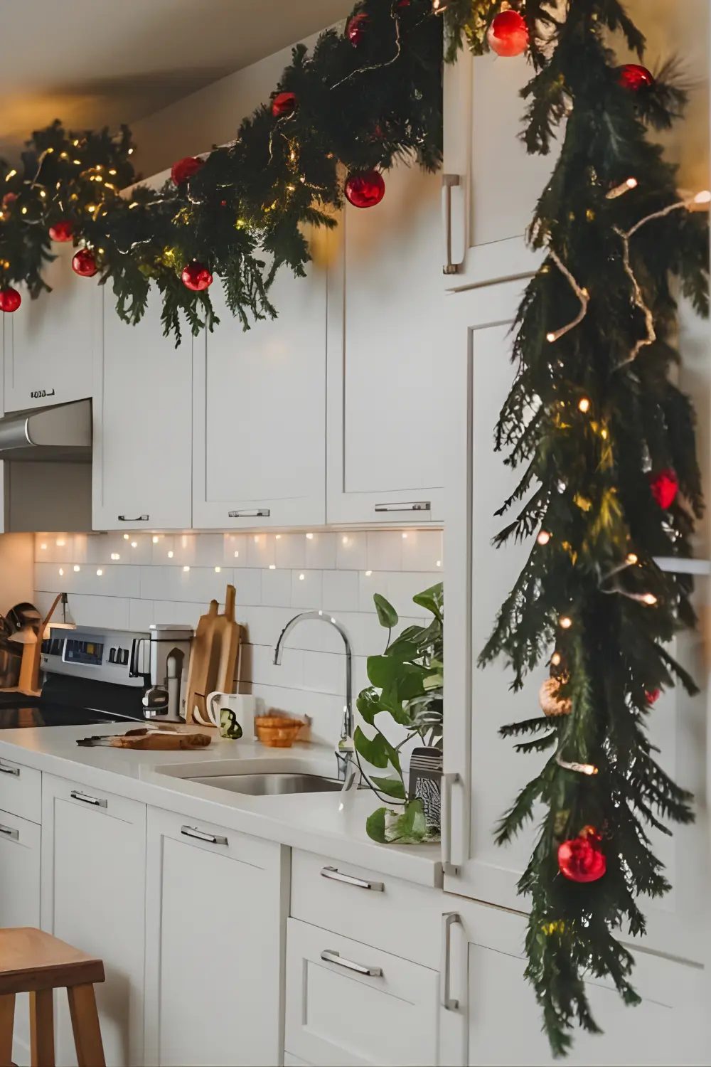 11 best Classic Kitchen Christmas Décor Ideas to Make Your Kitchen Merry and Bright 2 Classic Kitchen Christmas Décor Ideas, A modern kitchen with white cabinets, a lush pine garland draped across the top, with fairy lights and red ornaments woven in, creating a warm and festive ambiance. There's a wooden stool near the sink. A green plant is placed on the counter.