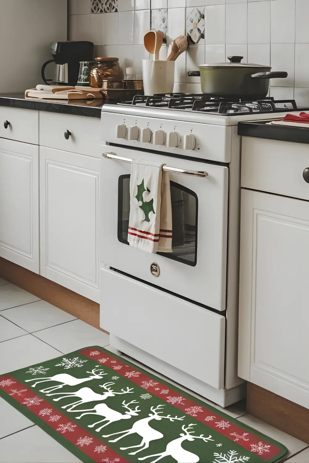 11 best Classic Kitchen Christmas Décor Ideas to Make Your Kitchen Merry and Bright 11 A photo of a modern kitchen with a green and red holiday-themed mat near the stove. The mat features reindeer silhouettes and snowflakes, bringing Christmas cheer to the room. The kitchen has white cabinets, a black countertop, and a white stove. There are also a pot, a wooden spoon, and a dish towel on the counter. The wall behind the stove has a decorative tile pattern.
