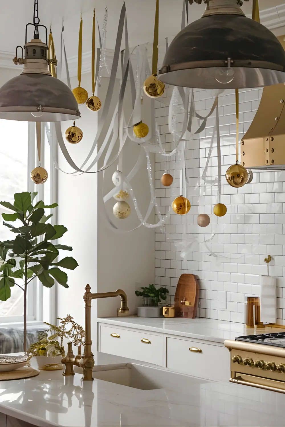 11 best Classic Kitchen Christmas Décor Ideas to Make Your Kitchen Merry and Bright 7 A chic kitchen with industrial-style pendant lights. There are gold ornaments and silver ribbons hanging elegantly, creating a glamorous holiday feel. The kitchen has a marble countertop, a subway tile backsplash, and a gold faucet. There's a potted plant near the window. The floor is made of wood.