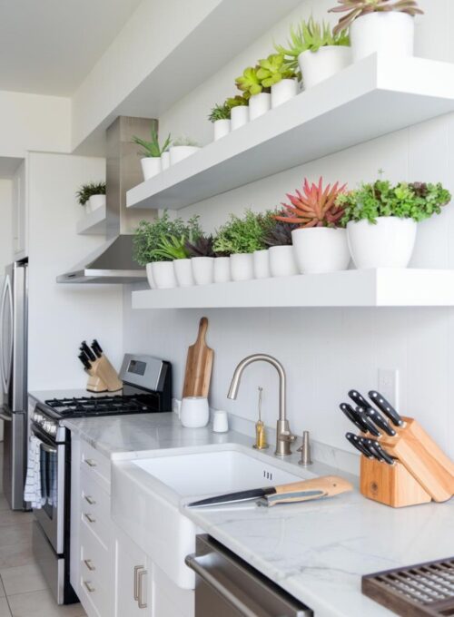 a modern kitchen with white floating plant shelves. The shelves are adorned with vibrant succulents and small herb pots, adding a touch of greenery to the clean lines of the space. The kitchen has stainless steel appliances, a white sink, and a marble countertop. There is also a wooden cutting board and a knife on the counter. The floor is tiled.