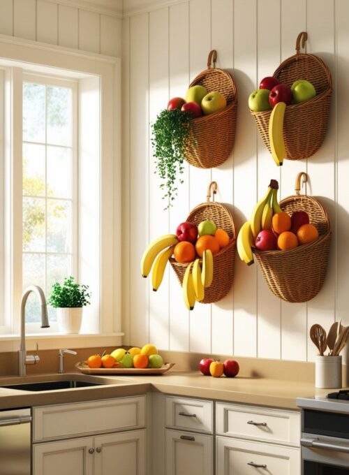 A bright kitchen with wall-mounted baskets filled with colorful fruits like apples, oranges, and bananas, creates an inviting and cheerful vibe.