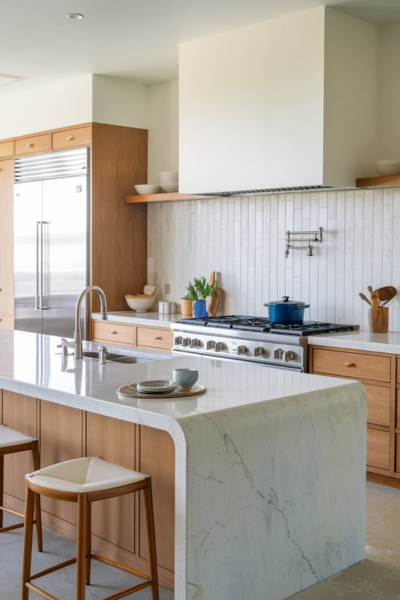 A photo of a bright, open kitchen with a half-bullnose-edged countertop. The countertop is made of marble stone and gently curves on top and flat underneath for a modern twist. The kitchen has stainless steel appliances, a white backsplash, and wooden cabinets. There is a pot on the stove and a dish in the sink.