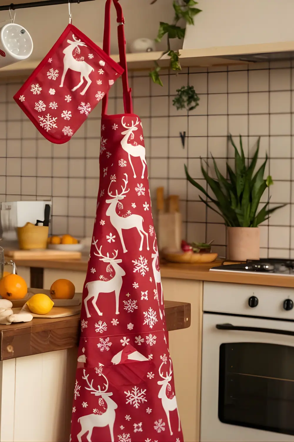 11 best Classic Kitchen Christmas Décor Ideas to Make Your Kitchen Merry and Bright 12 A cozy kitchen scene with a festive red apron with reindeer and snowflakes hanging from a hook. Next to the apron, there are matching oven mitts hanging on a nearby rack. The kitchen has a wooden island with a few ingredients, such as oranges and lemons. There is a plant near the oven. The walls have white cabinets and a tile backsplash. Less