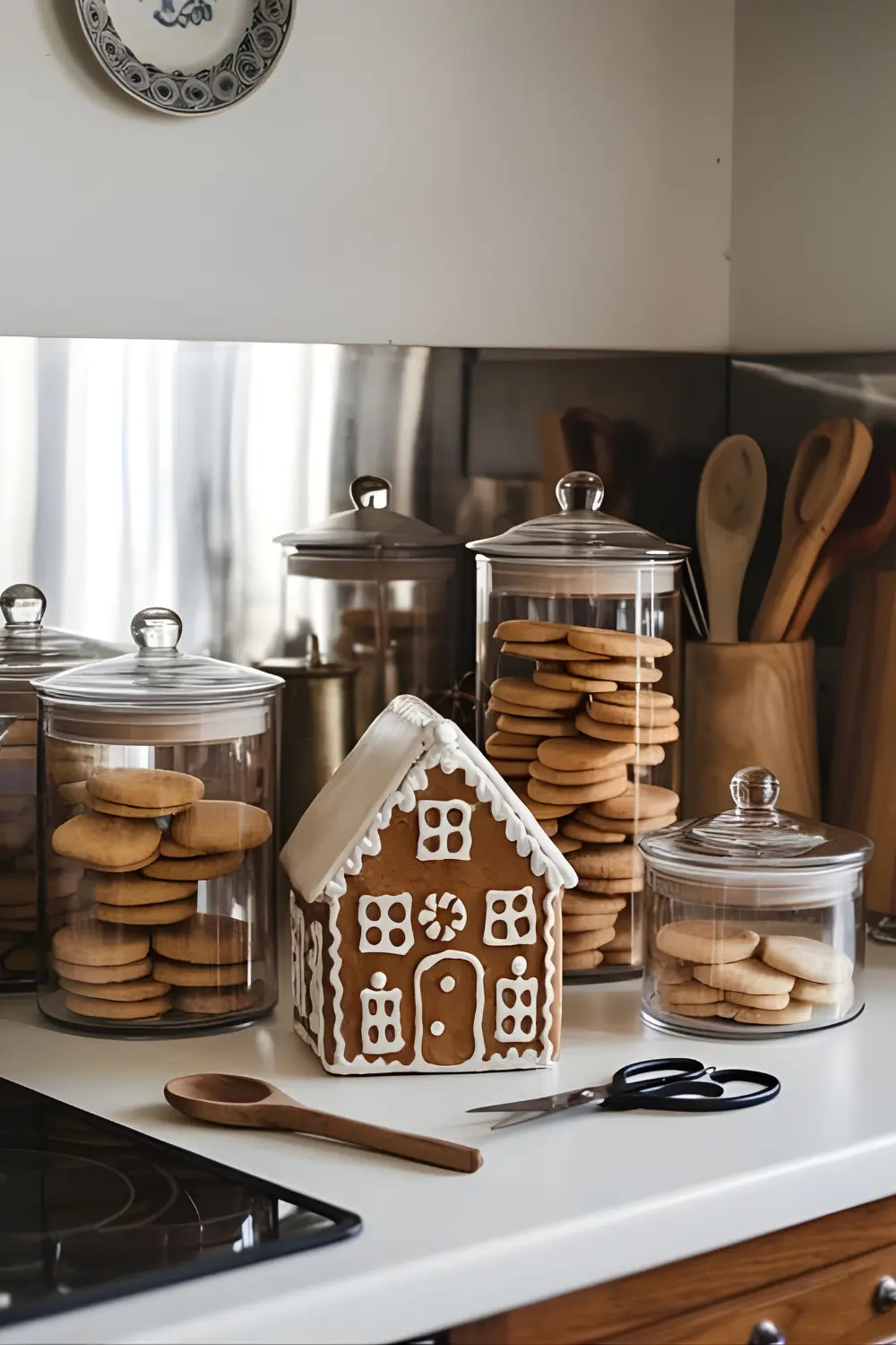 11 best Classic Kitchen Christmas Décor Ideas to Make Your Kitchen Merry and Bright 9 A photo of a cozy, modern kitchen with a gingerbread house-shaped cookie jar sitting on the counter, surrounded by glass canisters filled with Christmas cookies. The kitchen has a white countertop, wooden cabinets, and a steel backsplash. There is a wooden spoon and a pair of scissors on the counter. The wall has a decorative plate. Less