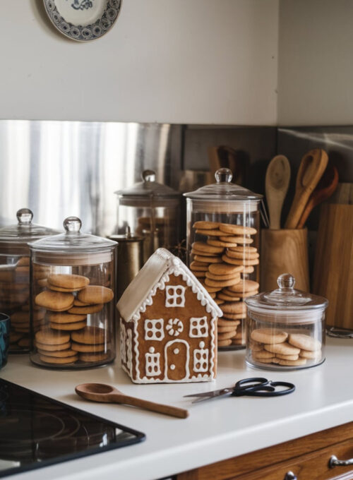 A photo of a cozy, modern kitchen with a gingerbread house-shaped cookie jar sitting on the counter, surrounded by glass canisters filled with Christmas cookies. The kitchen has a white countertop, wooden cabinets, and a steel backsplash. There is a wooden spoon and a pair of scissors on the counter. The wall has a decorative plate. Less
