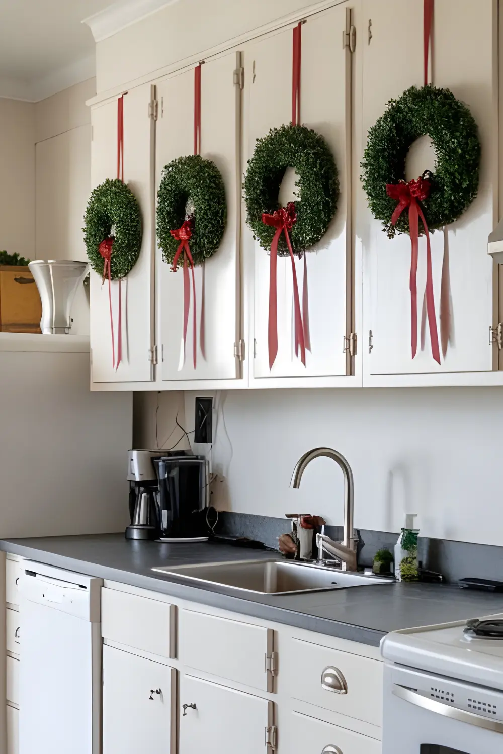 11 best Classic Kitchen Christmas Décor Ideas to Make Your Kitchen Merry and Bright 6 A photo of a modern kitchen with white cabinets. There are small green wreaths adorned with red ribbons hung on each cabinet door. The countertops are a dark grey material. There is a stainless steel sink with a faucet in the middle of the room. A white fridge is placed against the wall on the left. There is a black pot on the stove. The floor is covered with beige tiles.