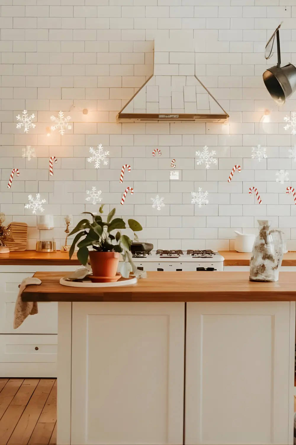 11 best Classic Kitchen Christmas Décor Ideas to Make Your Kitchen Merry and Bright 4 A photo of a bright white kitchen with a subway tile backsplash. There are temporary stickers of snowflakes and candy canes on the tiles, adding a whimsical Christmas touch. The kitchen has a large island in the center with a wooden countertop and a few items on it, including a potted plant and a decorative object. There is a pot hanging above the island. The floor is made of wooden planks. The lighting is warm.