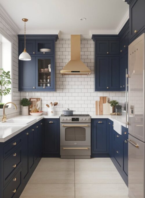 colorful kitchen with MDF cabinets painted in a bold navy blue. The cabinets contrast with the white countertops and gold hardware. The kitchen features a range hood, a refrigerator, and a sink. There is a plant near the window. The floor is made of beige tiles.