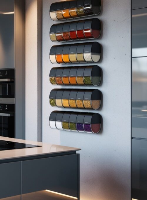 A modern kitchen featuring a magnetic spice rack on the wall, with neatly labeled glass jars in a rainbow of spice colors, creating a vibrant focal point.