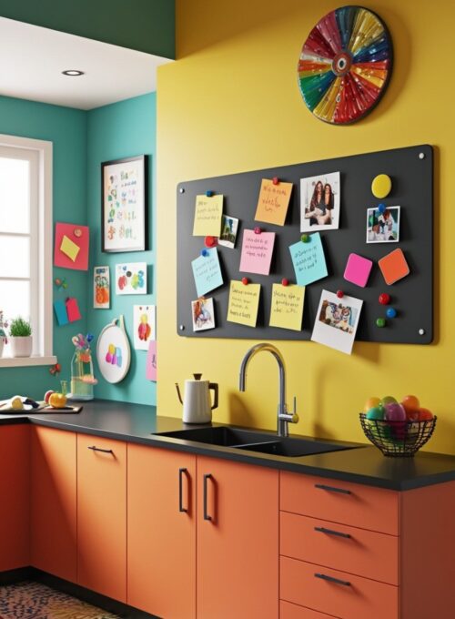 A cheerful kitchen with a section of the wall painted with magnetic paint, displaying colorful notes and photos held by vibrant magnets.