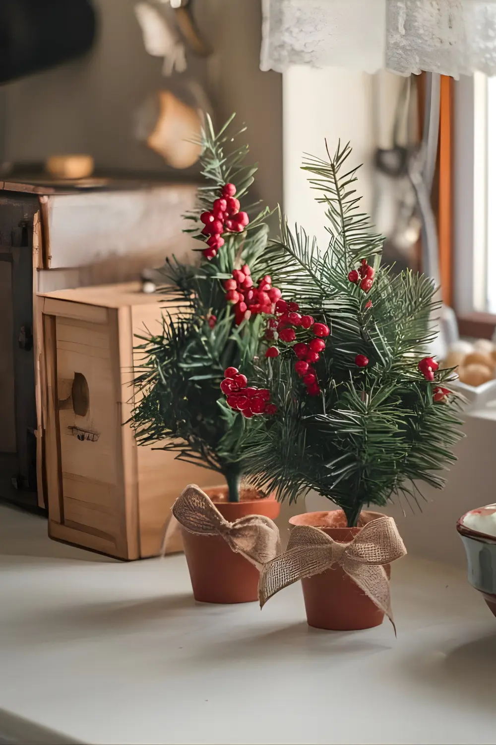 11 best Classic Kitchen Christmas Décor Ideas to Make Your Kitchen Merry and Bright 5 A photo of a rustic kitchen countertop with a pair of small potted pine trees. The pine trees are decorated with red berries and tied with burlap ribbons. There are also a few additional items on the countertop, including a wooden box and a ceramic bowl. The background contains a window with a curtain and a few hanging items.