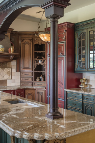 A photo of a traditional kitchen with an ogee-edged granite countertop. The countertop extends into a small island in the middle of the room, with a dark wooden post supporting an arched beam. The cabinets are made of ornate wood and have intricate detailing, with some featuring curved edges and others having decorative carvings. The cabinets vary in color, with some being a deep red and others a dark green. The room has a refined look, with a vintage chandelier hanging above the island and a few decorative items placed on the countertops. Less
