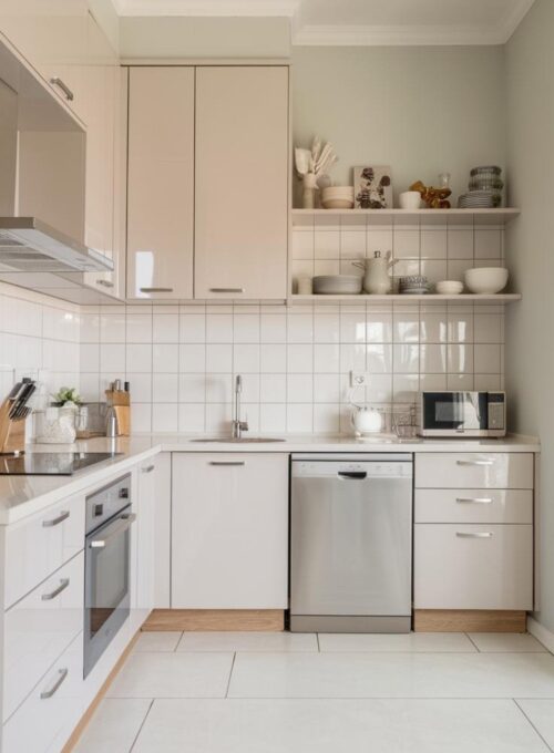 a modular kitchen with sleek white PVC cabinets and a glossy finish, paired with open shelving and modern appliances. The cabinets have clean lines and a uniform height. The open shelving is used to display decorative items and cookware. The kitchen features a built-in dishwasher, a microwave, and a range hood. The floor is covered with large white tiles. The walls are painted in a soft grey color.