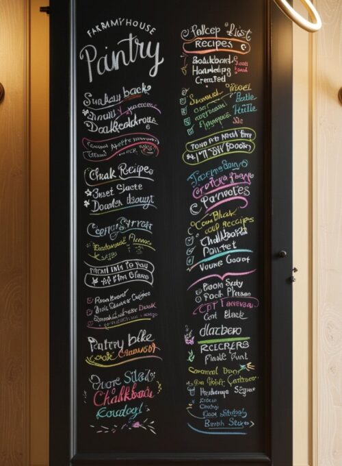 A farmhouse-style pantry door painted with chalkboard paint, featuring handwritten lists and recipes, adding a functional and decorative element.