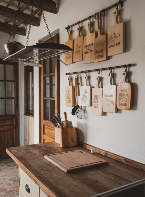 A rustic kitchen with a wooden countertop and a few cooking utensils. Hanging on the wall above the counter are multiple personalized cutting boards. Each cutting board has unique engravings. There is also a hanging pot rack above the counter. The background contains a door and a window. The floor is made of bricks.