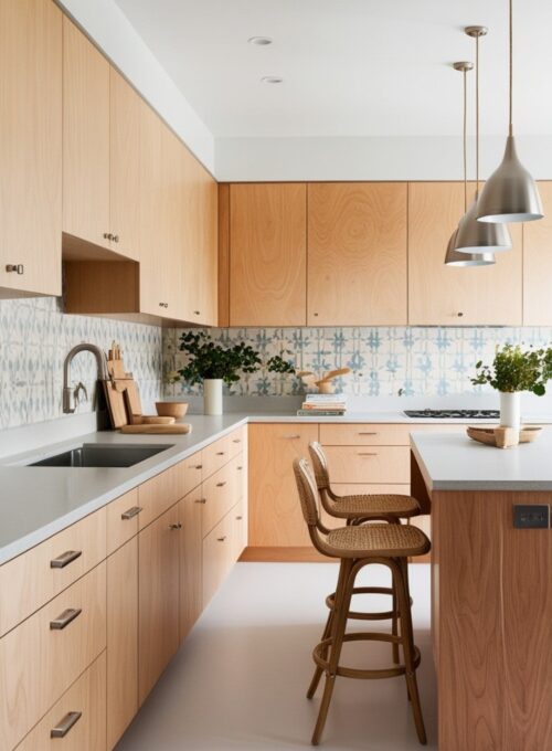 Types of Kitchen Cabinet Materials, A Scandinavian-inspired kitchen featuring plywood cabinets with a light veneer, creating a bright and airy space.