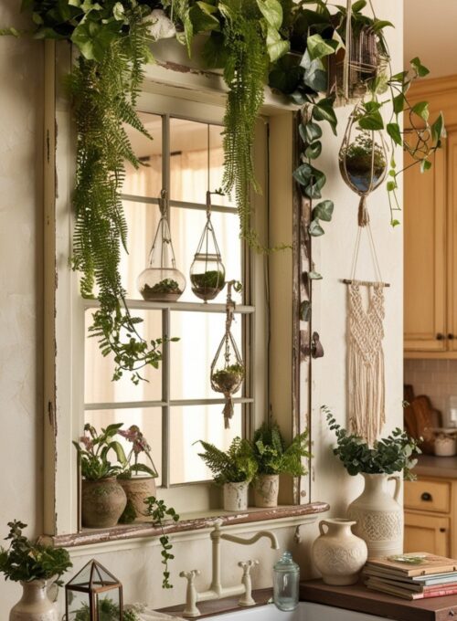 A charming kitchen featuring a vintage window frame adorned with hanging plants and decorative items, adding character to the wall.