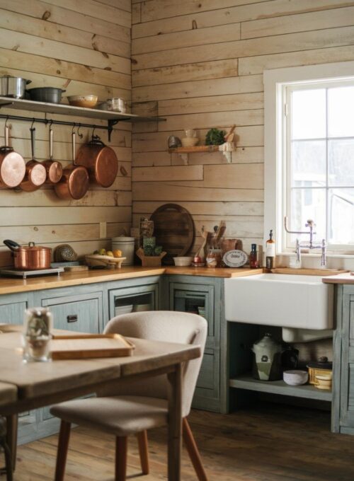 a rustic kitchen with a cozy, country vibe. The walls are made of natural wood shiplap. There are copper pots hanging on the wall above a white farm sink. There's a wooden table with a beige chair in the corner. The floor is made of wood. There's a window near the sink, letting in natural light. Less
