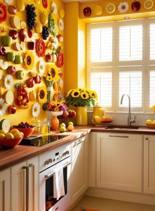 A bright summer kitchen featuring cheerful wall décor with vibrant fruits and flowers, adding a lively touch.